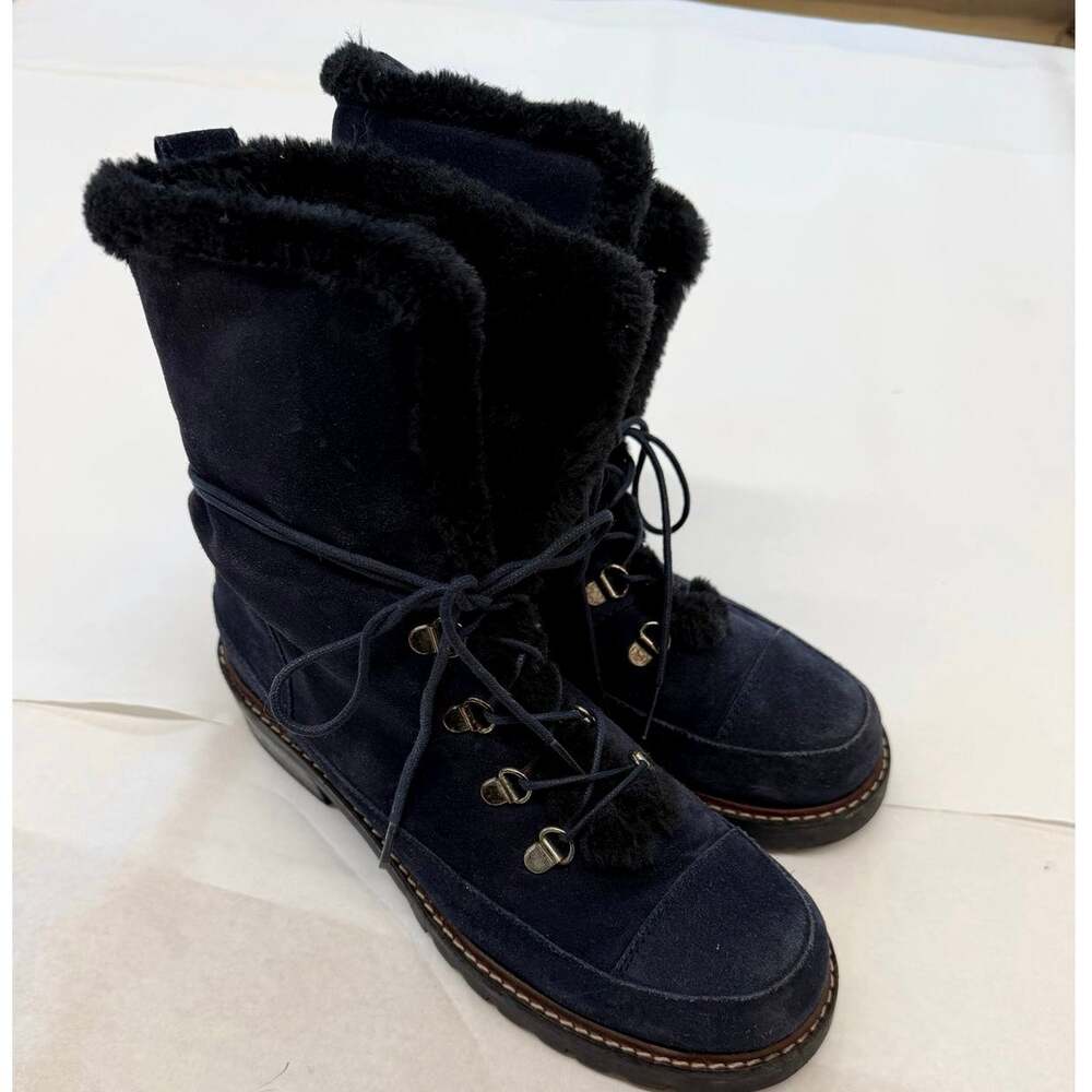 Stuart Weitzman Navy Suede Faux Fur Lined Combat Lug Sole lace up Boots Size 7